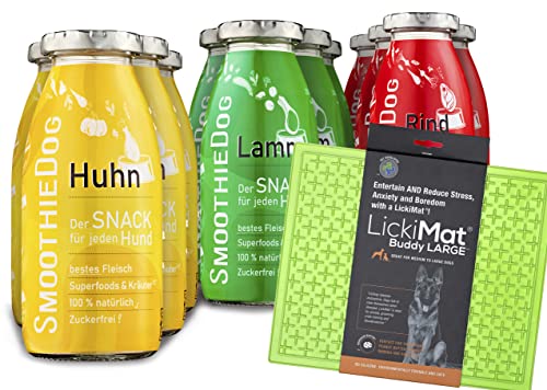 SmoothieDog 12er Probierset + Lickimat Buddy L grün 30,5x25,5cm Hundesmoothie - 4xLamm, 4xRind, 4X Huhn - je250ml Probierpaket - Gluten und Zuckerfrei (Grün) von SmoothieDog