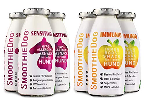 SmoothieDog 3X Immunio(Rind) + 3X Sensitivo(Pferd) je 250ml Hundesmoothie Zucker- und Glutenfrei, hypoallergenes Hundefutter, hypoallergen von SmoothieDog