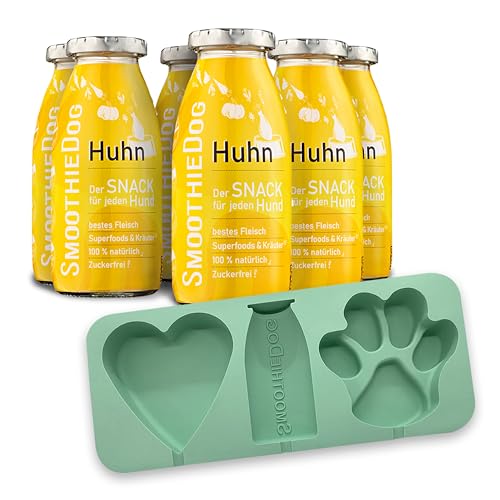 SmoothieDog Eisform für Hundeeis + 6er Pack Huhn je 250ml Hundesmoothie - Hundeeis selbermachen - BPA-frei, hypoallergen, Herzform, Pfotenform, Hundebackmatte von SmoothieDog