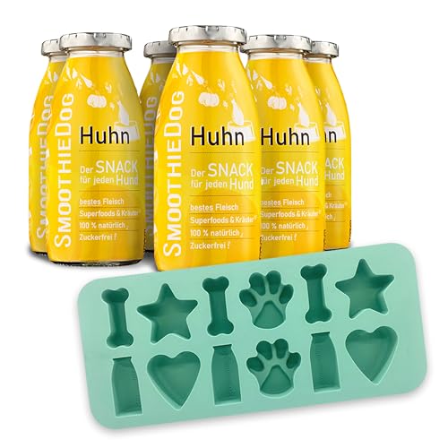 SmoothieDog Eiswürfelform aus Silikon + 6x Huhn je 250ml Hundesmoothie- Hundeeiswürfel selber machen- BPA-frei, Eisform, Herz, Stern, Pfote, Knochen von SmoothieDog