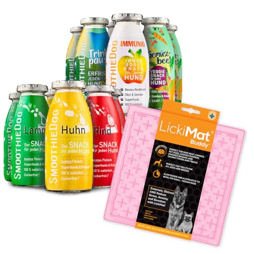 SmoothieDog Hundesmoothie, 12er Probierset + Lickimat Leckmatte, 20x20cm pastellrosa - für alle Hunde, 6 Sorten - 2xLamm, 2xRind, 2xHuhn, 2xTrinkpause, 2xImmunio 2xGemüsebeet, je 1x 250 ml SmoothieDog Hundesmoothie, 12er Probierset + Lickimat Leckmatte, 20x20cm pastellrosa - für alle Hunde, 6 Sorten - 2xLamm, 2xRind, 2xHuhn, 2xTrinkpause, 2xImmunio 2xGemüsebeet, je 1x 250 ml von SmoothieDog