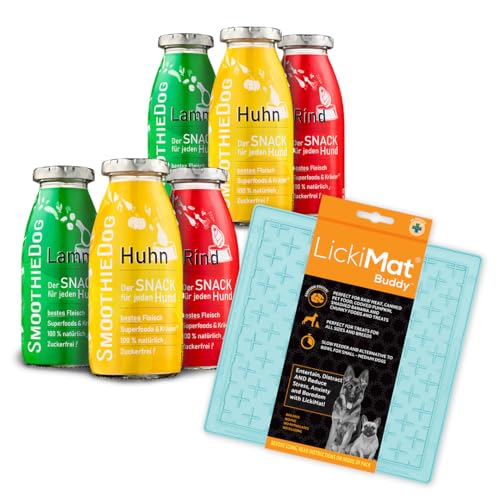 SmoothieDog Hundesmoothie, 6er Probierset Klassik mit Lickimat Leckmatte, 20x20 cm pastellmint - 100% getreidefrei, für alle Hunde, 3 Sorten - 2xLamm, 2xRind, 2xHuhn, je 1x 250 ml von SmoothieDog