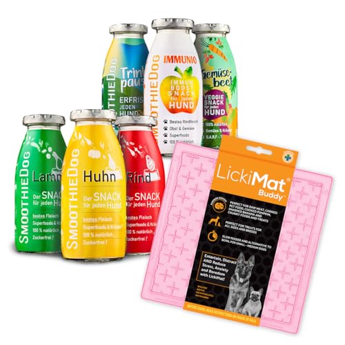SmoothieDog Hundesmoothie, 6er Probierset mit Lickimat Leckmatte, 20x20cm, pastellrosa - 100% getreidefrei, für alle Hunde, Lamm, Rind, Huhn, Trinkpause, Immunio und Gemüsebeet, je 1x 250 ml von SmoothieDog