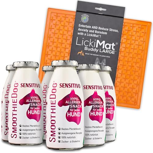 SmoothieDog Hundesmoothie, Sensitivo 6er Pack mit Lickimat Leckmatte, 30,5x25,5 cm - 100% getreidefrei, für alle Hunde, Hypoallergen - Muskelfleisch vom Pferd, je 1x 250 ml SmoothieDog Hundesmoothie, Sensitivo 6er Pack mit Lickimat Leckmatte, 30,5x25,5 cm - 100% getreidefrei, für alle Hunde, Hypoallergen - Muskelfleisch vom Pferd, je 1x 250 ml von SmoothieDog