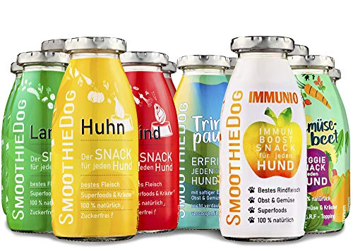 SmoothieDog Hundesmoothie 12er Mix - je 2X: Huhn, Rind, Lamm, Trinkpause (Ente), Immunio (Rind), Gemüsebeet (vegetarisch) - Natürlicher Snack & Leckerli für Hunde - Zucker- & glutenfrei - je 250ml von SmoothieDog