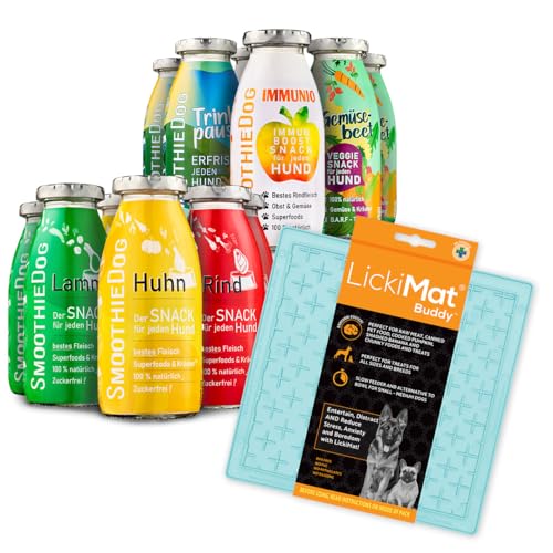 SmoothieDog Hundesmoothie 12er Probierset + Lickimat Leckatte, 20x20cm, pastellmint - 100% getreidefrei, 2X Lamm, 2X Rind, 2X Huhn, 2X Trinkpause, 2X Immunio, 2X Gemüsebeet, je 1x 250 ml SmoothieDog Hundesmoothie 12er Probierset + Lickimat Leckatte, 20x20cm, pastellmint - 100% getreidefrei, 2X Lamm, 2X Rind, 2X Huhn, 2X Trinkpause, 2X Immunio, 2X Gemüsebeet, je 1x 250 ml von SmoothieDog