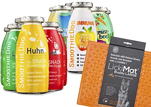 SmoothieDog Hundesmoothie 12er Probierset mit Lickimat Buddy L 30,5x25,5cm - 100% getreidefrei, für alle Hunde, 6 Sorten - Lamm, Rind, Huhn, Trinkpause, Immunio und Gemüsebeet, je 1x 250 ml SmoothieDog Hundesmoothie 12er Probierset mit Lickimat Buddy L 30,5x25,5cm - 100% getreidefrei, für alle Hunde, 6 Sorten - Lamm, Rind, Huhn, Trinkpause, Immunio und Gemüsebeet, je 1x 250 ml von SmoothieDog