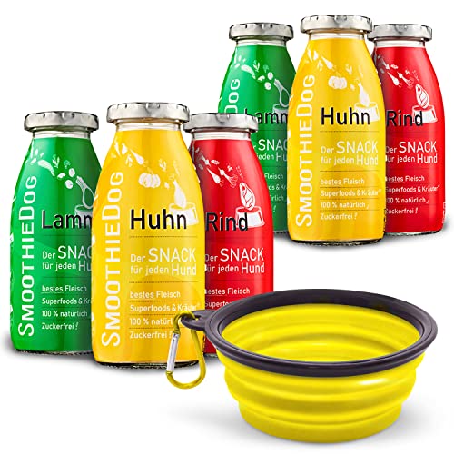 SmoothieDog Hundesmoothie 6er Mix Klassik mit Reisenapf - Huhn, Rind, Lamm - Natürlicher Hundesnack für alle Hunde - 100% Gluten- und zuckerfrei, 6X250 ml, Napf, faltbar von SmoothieDog