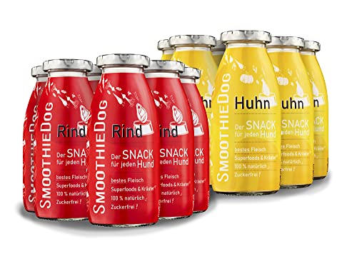 SmoothieDog Hundesmoothie für Welpen 12er Pack - 6X Rind + 6X Huhn - Der natürliche Hundesnack für Welpen, 100% Gluten- und zuckerfrei, welpenleckerlies 6X 250 ml von SmoothieDog