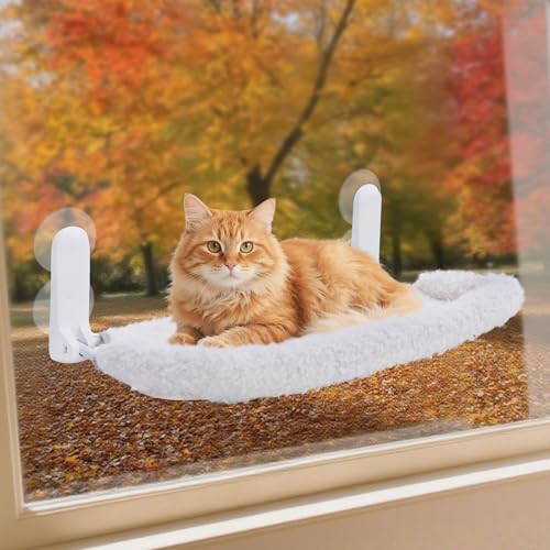 SMOUATOU Katzenfensterstange, schnurlose Katzenfensterhängematte wendbare Abdeckung Haustierbett, faltbare Sitzstange für Katzen Haustiere (Beige mit Baumwollzaun, n) von Smouatou