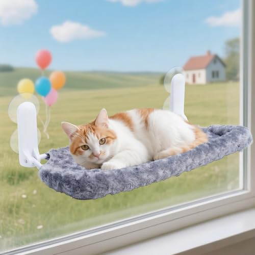 SMOUATOU Katzenfensterstange, schnurlose Katzenfensterhängematte wendbare Abdeckung Haustierbett, faltbare Sitzstange für Katzen Haustiere (Grau mit Baumwollzaun, n) von Smouatou