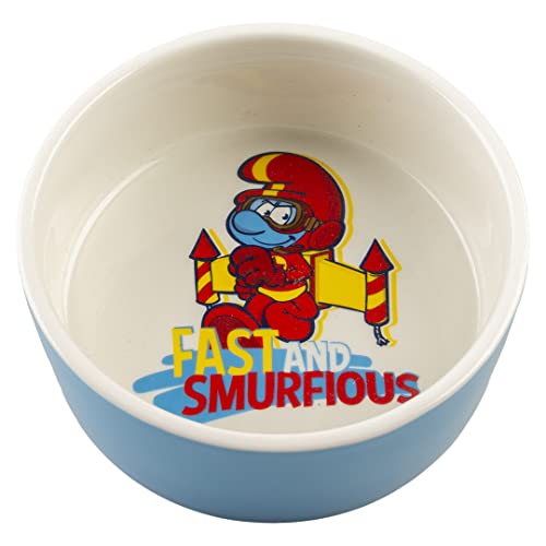 Smurfs duvoplus, Futternapf, 500 ml, 15 x 15 x 6 cm, Weiß/Blau, glasierte Keramik, robust und stabil, für Nassfutter, Trockenfutter und Wasser, spülmaschinenfest von Duvoplus