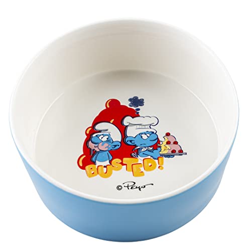 Smurfs duvoplus, Schlümpfe Futternapf 1000 ml – 16,5 x 16,5 x 7 cm, Weiß/Blau, glasierte Keramik, robust und stabil, für Nassfutter, Trockenfutter und Wasser, spülmaschinenfest von Duvoplus