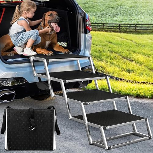 Hundetreppe Für Große Hunde, Extra Breit 4 Stufen Hunderampe Klappbar, Leichte Und Rutschfeste Hundetreppe Für Auto, Lastwagen Und SUV, Unterstützung Bis 100 KG von Snagle Paw