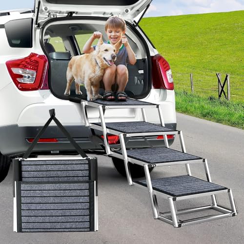Hundetreppe Auto Für Große Hunde mit Teppich, Extra Breit 4 Stufen Hunderampe Auto Klappbar,Leichte Hunderampe Auto Klappbar, rutschfeste Hundetreppe für Lastwagen und SUV, Unterstützung bis 100 KG von Snagle Paw