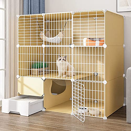 Katzenkäfig, Käfig, Laufstall, Frettchenkäfig, großer 3-stöckiger Haustier-Laufstall mit Tür und geschlossener Katzentoilette für Kätzchen, Kaninchen, Haustiere (Set A gelb) von SnamicE