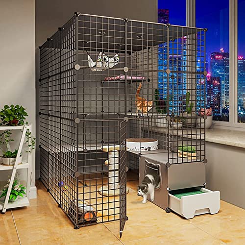 Katzenkäfig – Haustier-Laufstall, Katzenkäfig für den Innenbereich, Katzengehege zum Selbermachen, Katzenlaufstall mit Tür, toller Übungsplatz, ideal für 1–3 Katzen (Noir 111 x 141 x 145 cm) von SnamicE