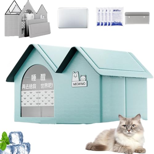 Cool & Cozy Kühlhaus, Kühlhaus Für Katzen Im Sommer, Faltbares Katzen Kühlhaus Mit 2 Saugfähigen, Ganzjahresnutzung, Schneller Aufbau Für Kätzchen Katze Welpe (Green-1,L) von Snrtevu