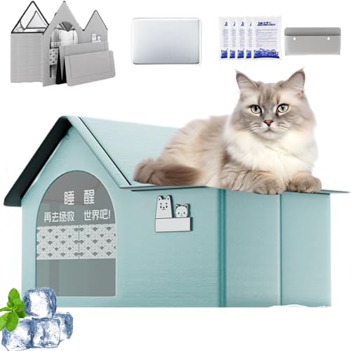 Cool & Cozy Kühlhaus, Kühlhaus Für Katzen Im Sommer, Faltbares Katzen Kühlhaus Mit 2 Saugfähigen, Ganzjahresnutzung, Schneller Aufbau Für Kätzchen Katze Welpe (Green-1,M) von Snrtevu