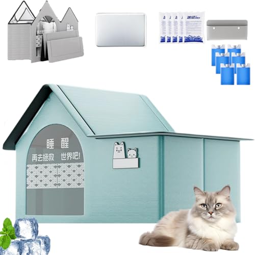 Cool & Cozy Kühlhaus, Kühlhaus Für Katzen Im Sommer, Faltbares Katzen Kühlhaus Mit 2 Saugfähigen, Ganzjahresnutzung, Schneller Aufbau Für Kätzchen Katze Welpe (Green-2,M) von Snrtevu