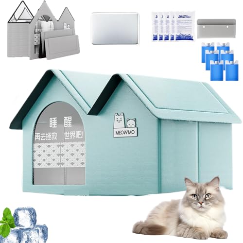 Cool & Cozy Kühlhaus, Kühlhaus Für Katzen Im Sommer, Faltbares Katzen Kühlhaus Mit 2 Saugfähigen, Ganzjahresnutzung, Schneller Aufbau Für Kätzchen Katze Welpe (Green-3,L) von Snrtevu