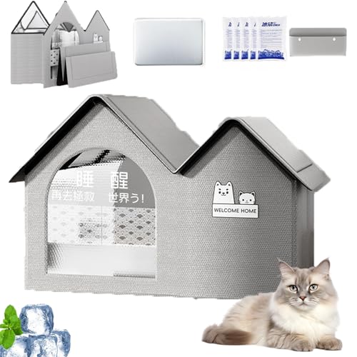 Cool & Cozy Kühlhaus, Kühlhaus Für Katzen Im Sommer, Faltbares Katzen Kühlhaus Mit 2 Saugfähigen, Ganzjahresnutzung, Schneller Aufbau Für Kätzchen Katze Welpe (Grey-1,L) von Snrtevu
