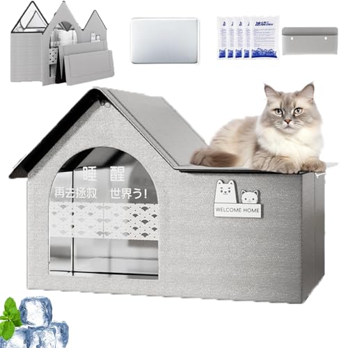 Cool & Cozy Kühlhaus, Kühlhaus Für Katzen Im Sommer, Faltbares Katzen Kühlhaus Mit 2 Saugfähigen, Ganzjahresnutzung, Schneller Aufbau Für Kätzchen Katze Welpe (Grey-1,M) von Snrtevu
