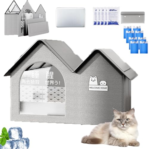 Cool & Cozy Kühlhaus, Kühlhaus Für Katzen Im Sommer, Faltbares Katzen Kühlhaus Mit 2 Saugfähigen, Ganzjahresnutzung, Schneller Aufbau Für Kätzchen Katze Welpe (Grey-2,L) von Snrtevu