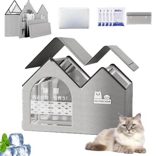 Cool & Cozy Kühlhaus, Kühlhaus Für Katzen Im Sommer, Faltbares Katzen Kühlhaus Mit 2 Saugfähigen, Ganzjahresnutzung, Schneller Aufbau Für Kätzchen Katze Welpe (Grey-3,L) von Snrtevu