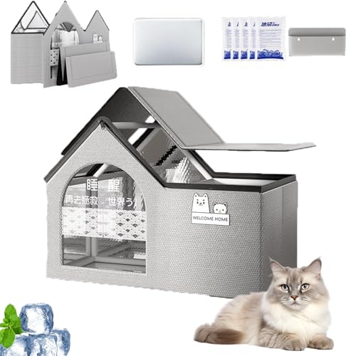 Cool & Cozy Kühlhaus, Kühlhaus Für Katzen Im Sommer, Faltbares Katzen Kühlhaus Mit 2 Saugfähigen, Ganzjahresnutzung, Schneller Aufbau Für Kätzchen Katze Welpe (Grey-3,M) von Snrtevu