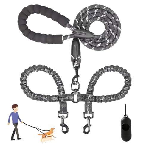 Heavy Duty Dog Leash with Shock Absorbing Bungee, Double Dog Lead for Walking 2 Dogs No Tangle, Two Point Control Dog Lead, Adjustable with Car Seatbelt for Walking and Traning (A) von Snrtevu