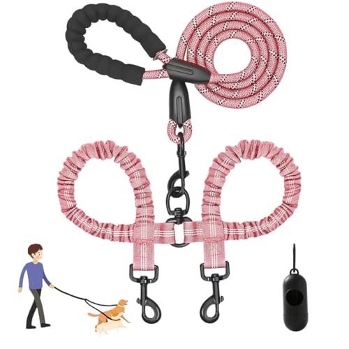Heavy Duty Dog Leash with Shock Absorbing Bungee, Double Dog Lead for Walking 2 Dogs No Tangle, Two Point Control Dog Lead, Adjustable with Car Seatbelt for Walking and Traning (B) von Snrtevu