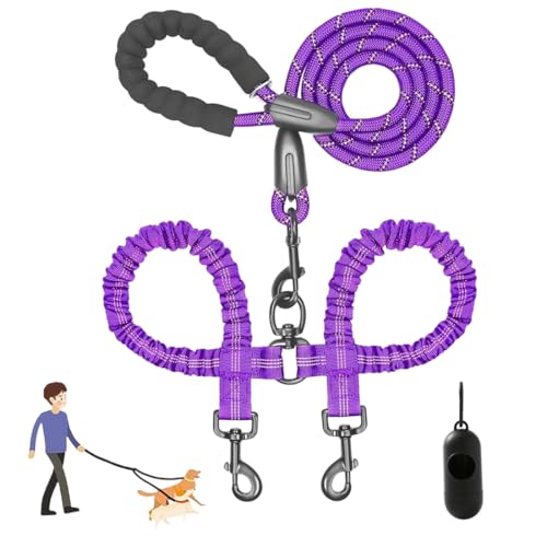 Heavy Duty Dog Leash with Shock Absorbing Bungee, Double Dog Lead for Walking 2 Dogs No Tangle, Two Point Control Dog Lead, Adjustable with Car Seatbelt for Walking and Traning (C) von Snrtevu