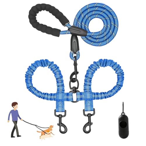 Heavy Duty Dog Leash with Shock Absorbing Bungee, Double Dog Lead for Walking 2 Dogs No Tangle, Two Point Control Dog Lead, Adjustable with Car Seatbelt for Walking and Traning (E) von Snrtevu
