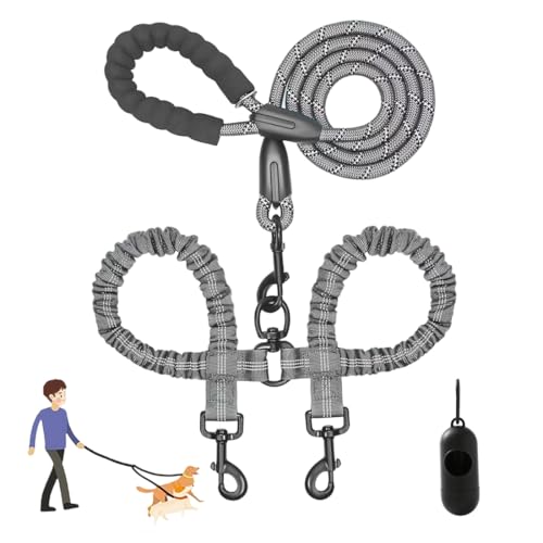 Heavy Duty Dog Leash with Shock Absorbing Bungee, Double Dog Lead for Walking 2 Dogs No Tangle, Two Point Control Dog Lead, Adjustable with Car Seatbelt for Walking and Traning (G) von Snrtevu