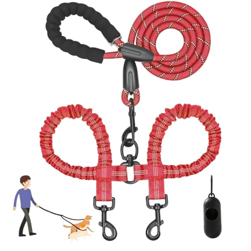 Heavy Duty Dog Leash with Shock Absorbing Bungee, Double Dog Lead for Walking 2 Dogs No Tangle, Two Point Control Dog Lead, Adjustable with Car Seatbelt for Walking and Traning (J) von Snrtevu