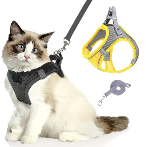 Katzengeschirr, Katzenleine Mit Geschirr füR Katzen, Atmungsaktive Bequemes Anti Ausbruch Geschirr für Katzen Mit Reflektierenden Streifen, Serenosole Catventure Katzen Leine (grau-gelb,L) von Snrtevu
