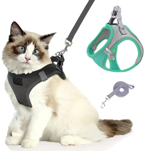 Katzengeschirr, Katzenleine Mit Geschirr füR Katzen, Atmungsaktive Bequemes Anti Ausbruch Geschirr für Katzen Mit Reflektierenden Streifen, Serenosole Catventure Katzen Leine (grau-grün,L) von Snrtevu
