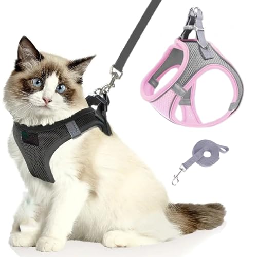 Katzengeschirr, Katzenleine Mit Geschirr füR Katzen, Atmungsaktive Bequemes Anti Ausbruch Geschirr für Katzen Mit Reflektierenden Streifen, Serenosole Catventure Katzen Leine (grau-pink,XXXS) von Snrtevu