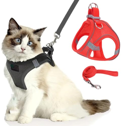 Katzengeschirr, Katzenleine Mit Geschirr füR Katzen, Atmungsaktive Bequemes Anti Ausbruch Geschirr für Katzen Mit Reflektierenden Streifen, Serenosole Catventure Katzen Leine (rot,L) von Snrtevu