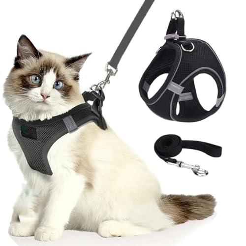 Katzengeschirr, Katzenleine Mit Geschirr füR Katzen, Atmungsaktive Bequemes Anti Ausbruch Geschirr für Katzen Mit Reflektierenden Streifen, Serenosole Catventure Katzen Leine (schwarz,M) von Snrtevu