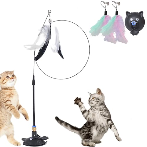 Meowmastery Toy, Katzenangel Stabil Und Lang Mit Saugnapf, Katzen Angel Spielzeug Feder Mit Federn, Cat Toy Wand Suction Base for Exercise, Boredom Buster (1PC-3) von Snrtevu