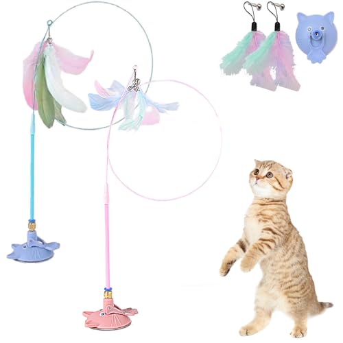 Meowmastery Toy, Katzenangel Stabil Und Lang Mit Saugnapf, Katzen Angel Spielzeug Feder Mit Federn, Cat Toy Wand Suction Base for Exercise, Boredom Buster (2PCS-1) von Snrtevu