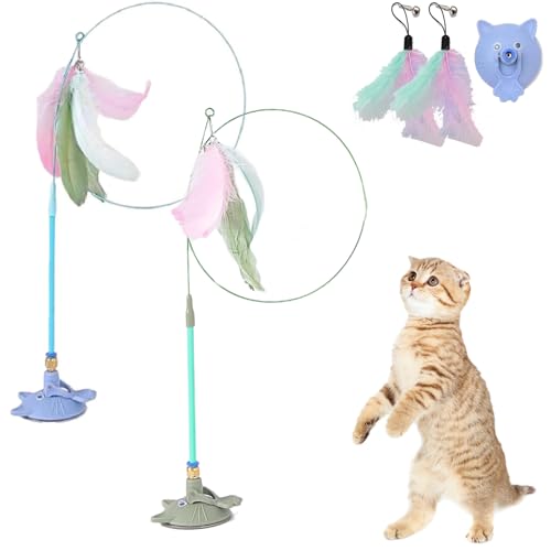 Meowmastery Toy, Katzenangel Stabil Und Lang Mit Saugnapf, Katzen Angel Spielzeug Feder Mit Federn, Cat Toy Wand Suction Base for Exercise, Boredom Buster (2PCS-2) von Snrtevu