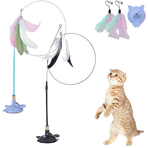 Meowmastery Toy, Katzenangel Stabil Und Lang Mit Saugnapf, Katzen Angel Spielzeug Feder Mit Federn, Cat Toy Wand Suction Base for Exercise, Boredom Buster (2PCS-3) von Snrtevu