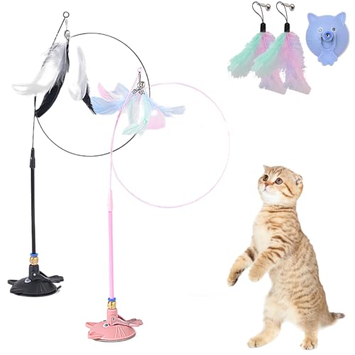 Meowmastery Toy, Katzenangel Stabil Und Lang Mit Saugnapf, Katzen Angel Spielzeug Feder Mit Federn, Cat Toy Wand Suction Base for Exercise, Boredom Buster (2PCS-4) von Snrtevu
