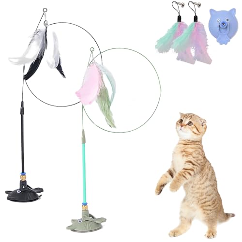 Meowmastery Toy, Katzenangel Stabil Und Lang Mit Saugnapf, Katzen Angel Spielzeug Feder Mit Federn, Cat Toy Wand Suction Base for Exercise, Boredom Buster (2PCS-5) von Snrtevu
