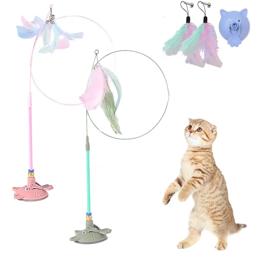 Meowmastery Toy, Katzenangel Stabil Und Lang Mit Saugnapf, Katzen Angel Spielzeug Feder Mit Federn, Cat Toy Wand Suction Base for Exercise, Boredom Buster (2PCS-6) von Snrtevu