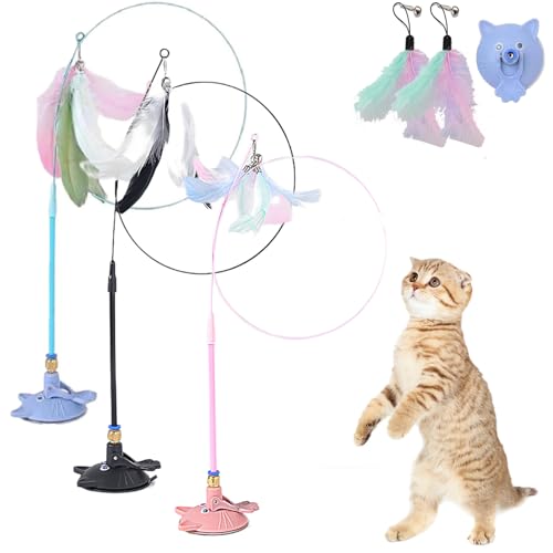Meowmastery Toy, Katzenangel Stabil Und Lang Mit Saugnapf, Katzen Angel Spielzeug Feder Mit Federn, Cat Toy Wand Suction Base for Exercise, Boredom Buster (3PCS-1) von Snrtevu