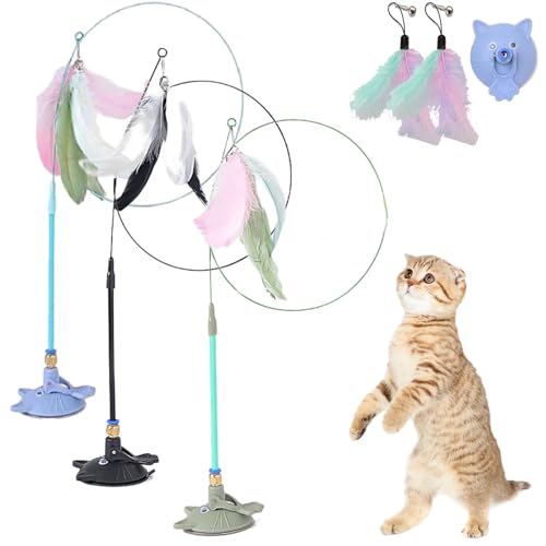 Meowmastery Toy, Katzenangel Stabil Und Lang Mit Saugnapf, Katzen Angel Spielzeug Feder Mit Federn, Cat Toy Wand Suction Base for Exercise, Boredom Buster (3PCS-2) von Snrtevu